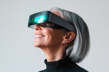 An older woman with gray hair smiles while experiencing virtual reality with a headset.