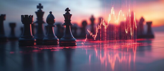 Chess pieces in a strategic game setting with a vibrant digital graph illustrating trends