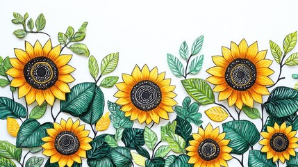 Playful Doodle Style Sunflowers and Leaves in Vibrant Colors