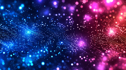 A dynamic futuristic circuit board with neon lights and glowing effects, symbolizing advanced technology, innovation, and the digital age. The blurred empty space on the side suggests potential and pr
