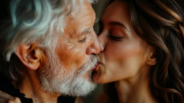 Wealthy Old man kissing a beautiful attractive stylish young woman