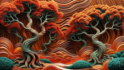 Obraz premium Whimsical Bonsai Trees with Orange Foliage in Textured Landscape Fantasy Dreamscape Scene