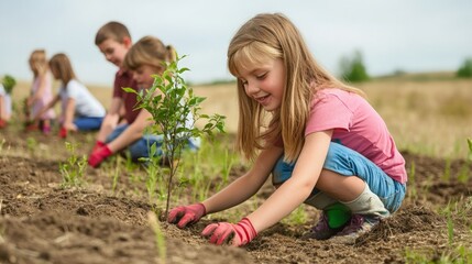 Children Engaging in Tree Planting Activity on Sunny Day Outdoors
