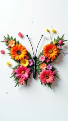 Obraz premium Vibrant flower butterfly arrangement with bright daisies and blossoms on white background