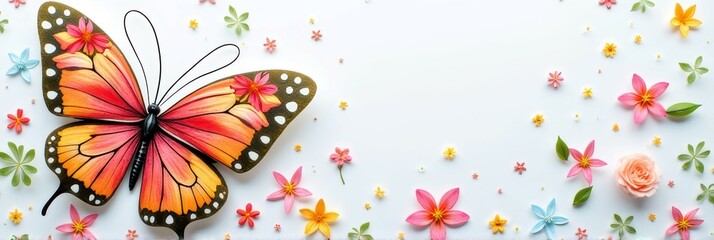 Fototapeta premium Colorful butterfly with assorted flowers on light background