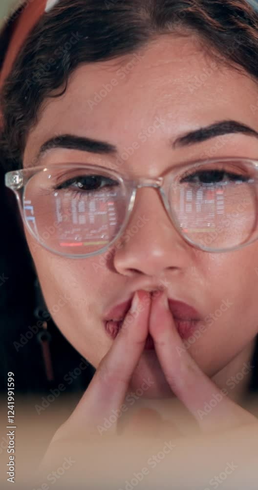 Aufkleber Coding programmer, woman and thinking with glasses for software development or troubleshooting solution. Reflection, person closeup and focus for server maintenance, problem solving or program update