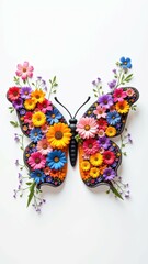 Vibrant butterfly shaped flower arrangement with colorful blooms and greenery