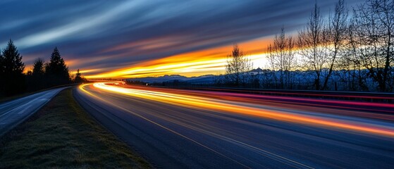 Obraz premium Highway Sunset Scenic Drive Light Trails