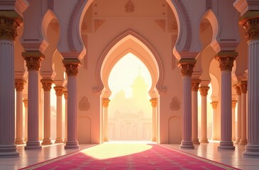 Fototapeta premium Peaceful Mosque Interior . Empty Design with Elegant Architectural Details for Ramadan