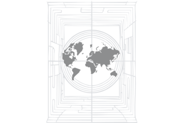  JPEG graphic style illustration of "living on the grid." The world map, loosely portrayed in dark grey, is surrounded by a grid of light grey lines. 