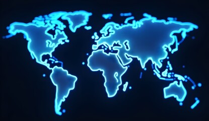A futuristic digital world map glowing in vibrant blue tones
