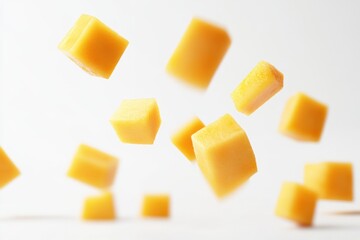 Floating mango cubes, studio shot, white background, food photography