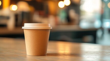 Take Away Coffee Cup on Wooden Table in Cozy Cafe