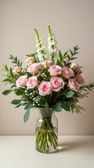 Naklejka premium Elegant arrangement of pink roses and white flowers in glass vase