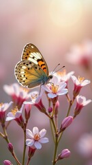 Obraz premium Vibrant butterfly on blossoming flowers in sunlit garden