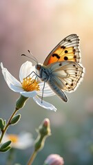 Obraz premium Butterfly resting on a white flower in a sunlit garden