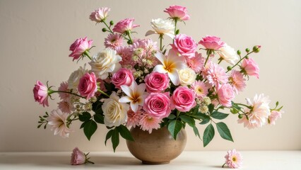 Elegant pink and white floral arrangement in clay vase on a soft background