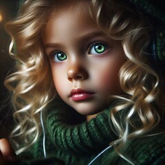 Blond curly girl green eyes and sweater