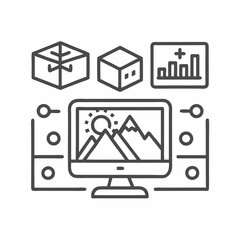 Explore creative possibilities with vector illustrations of mountain landscapes and data visualization concepts in a digital workspace