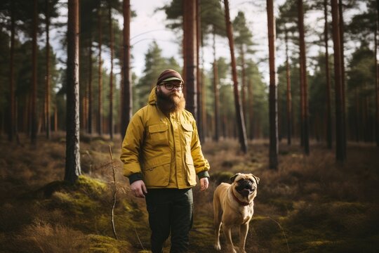 Bearded man in yellow jacket walking pug dog in pine forest. Outdoor adventure with pet. Autumn nature hike concept. Earth Day, Arbor Day, World Animal Day celebration. Lifestyle portrait.