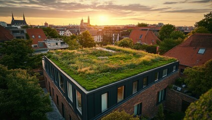 Naklejka premium Green roof building at sunset surrounded by trees and a park in an urban area