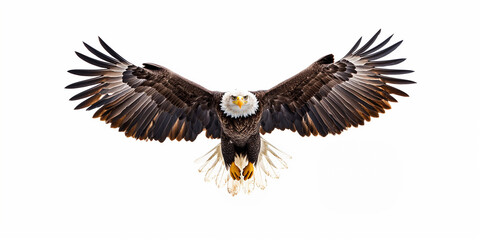 Bald Eagle flying with spread wings, front symmetrical face view, isolated on white background