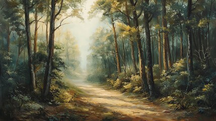 Obraz premium A serene forest path illuminated by soft morning light, with mist weaving through towering trees, realistic style, muted greens and greys, atmospheric and tranquil