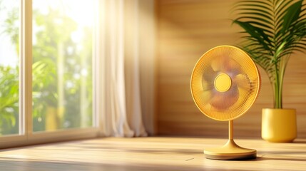 A sleek, modern fan circulating cool air in a cozy living room with warm wooden tones, sunlight streaming through large windows, minimalistic decor, realistic rendering