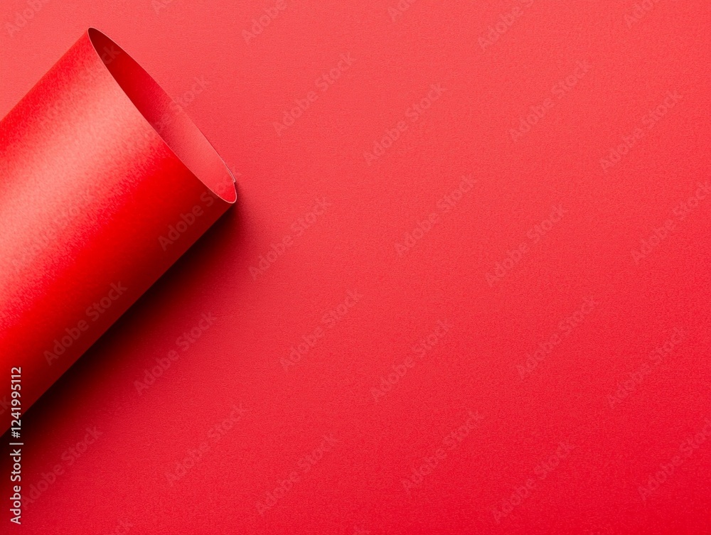 Poster red paper roll is creating a diagonal line on a textured red background, offering a simple yet strik
