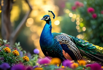 Obraz premium Majestic peacock stands proudly amidst a vibrant garden filled with colorful flowers.