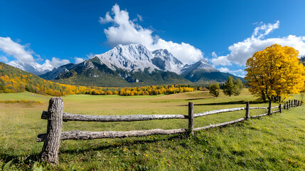 Fototapeta premium Wooden fence runs along a green meadow with yellow autumn trees and snow-capped mountains under a blue sky.