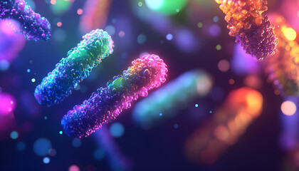 Naklejka premium Microscopic view of diverse microorganisms and abstract cellular structures under high-powered microscope, illustrating cellular concepts and biological diversity for scientific research