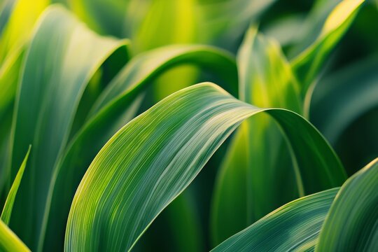 Close-up view of lush green corn leaves illuminated by sunlight, creating a vibrant and textured pattern in an agricultural field, symbolizing growth, nature, and sustainable farming practices