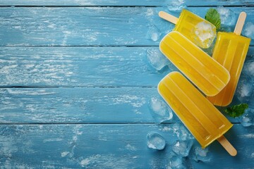 Bright yellow popsicles are arranged on a blue table, surrounded by ice cubes, capturing the vibrant essence of summer vacations and adventures everyone looks forward to during warm months