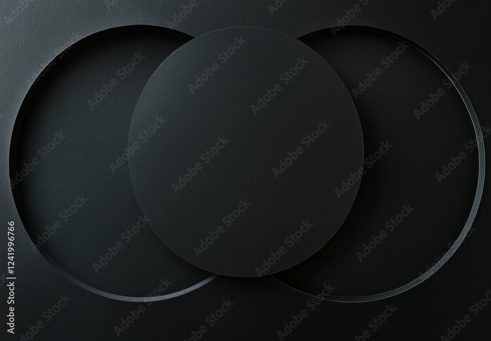 Poster three black circles intersecting on a textured black background create an abstract, minimalist desig