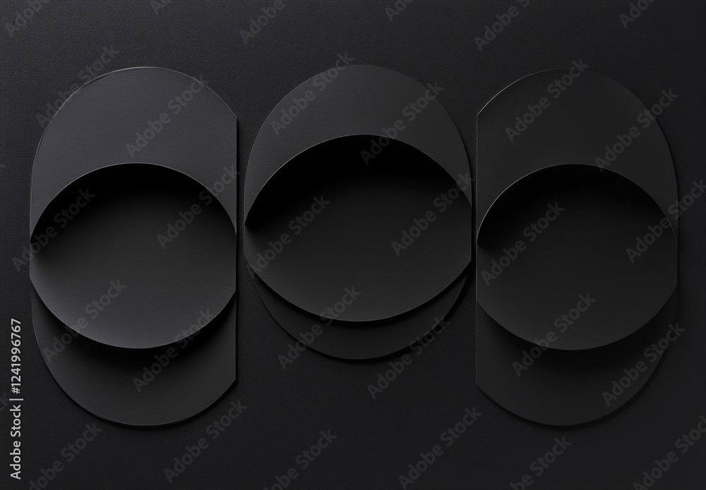 Poster three-dimensional black shapes overlap and interact on a dark background, creating a visually striki
