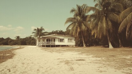 Beachfront house, tropical island, calm sea, palm trees, vacation rental