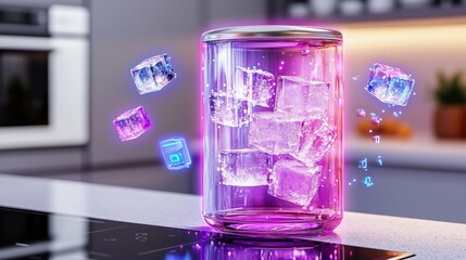 Advanced ice maker in digital reality, floating holograms detailing production speed and capacity, minimalist kitchen backdrop with matte finishes