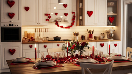 Cozy kitchen decorated with heart-shaped ornaments, red roses, and soft glowing lights, creating a warm and romantic ambiance for a festive celebration
