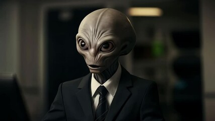 Alien businessman in black suit and tie. Extraterrestrial corporate concept for Halloween, World UFO Day, science fiction conventions, Area 51 Day and Alien Day celebration
