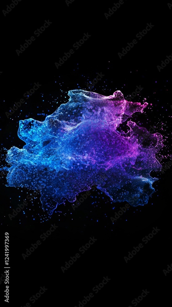 Poster bright particles exploding and forming abstract shapes with a gradient of colors from blue to fuchsi