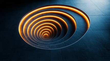 Aerial perspective of a spiral staircase with glowing LED accents, blending industrial concrete with modern design, urban sophistication concept