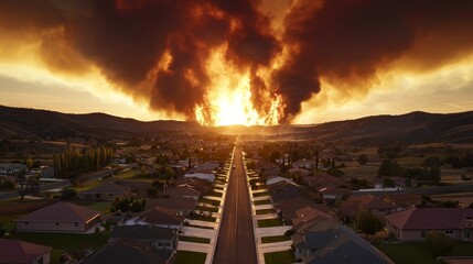 Aerial view of a blazing wildfire approaching a small suburban neighborhood, thick smoke filling the sky, natural disaster urgency concept