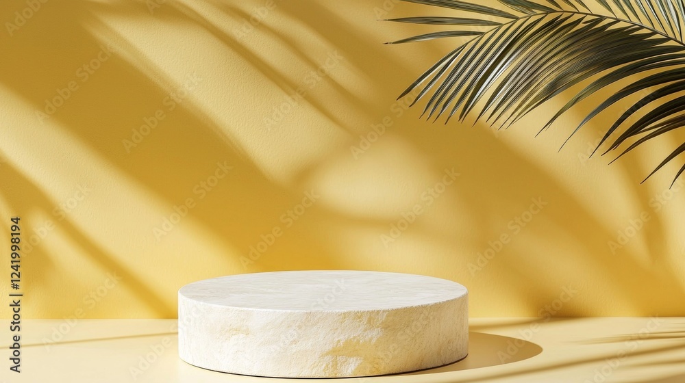 Poster empty round marble podium on yellow background casting shadows from palm tree leaves, creating a sum