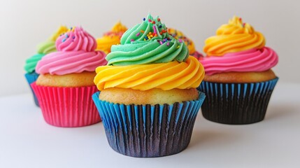 Colorful Cupcakes with Swirled Frosting and Sprinkles on Display