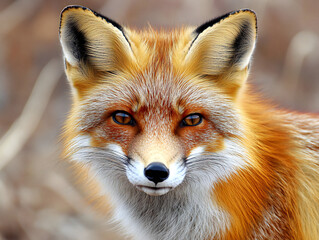Fototapeta premium Close-up portrait of a fox, highlighting its sharp features, expressive eyes, and vibrant fur coat.