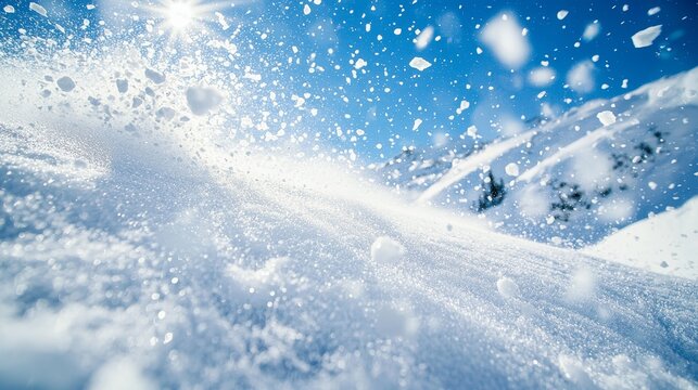 Close-up avalanche background with speeding snow particles and blurred ice chunks flying rapidly toward the camera