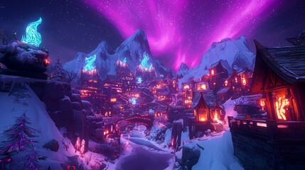 Obraz premium Fantasy avalanche city with dragon-shaped ice sculptures, aurora sky above, glowing runes on the snowy mountains, epic atmosphere