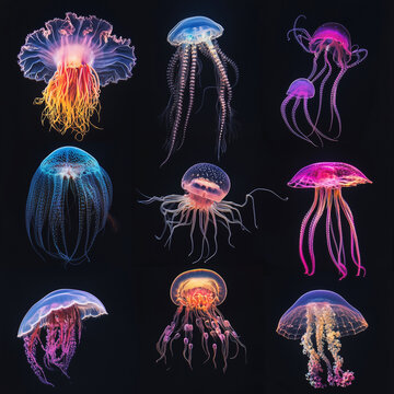 Imagen submarina de varias especies de medusas, flotando con tent&aacute;culos luminosos en aguas profundas y oscuras.