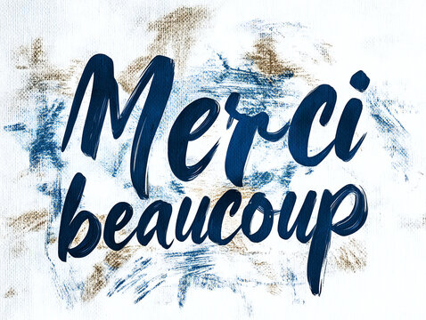 Merci Beaucoup text in deep blue ink on a smooth, soft background, conveying gratitude with elegance.